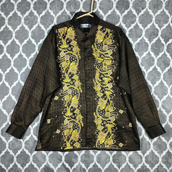 John Master Other - John Master Shirt Mens XL Brown Yellow Batik Long Sleeve Silky Peach Button Up
